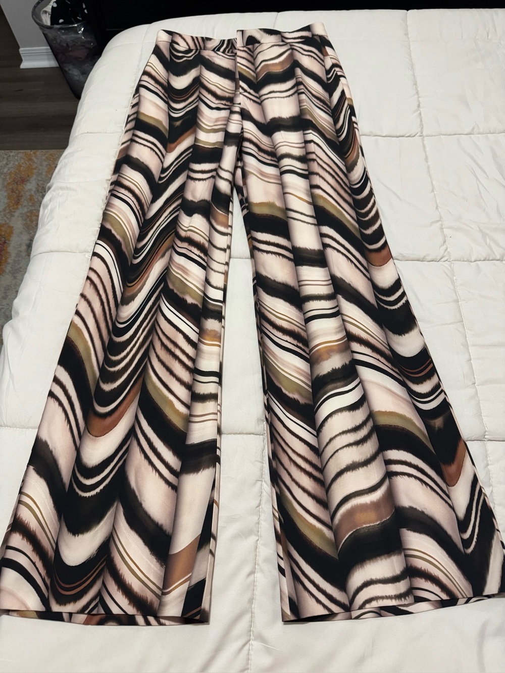 Zara Wide-Leg Pants in Black, Cream & Brown Swirl Print